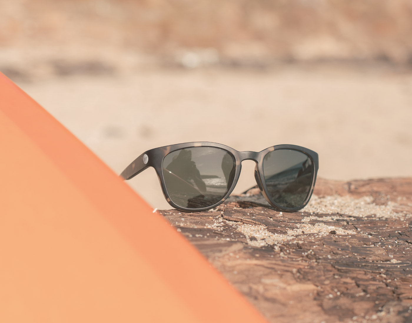 sunski topeka sunglasses resting on a rock